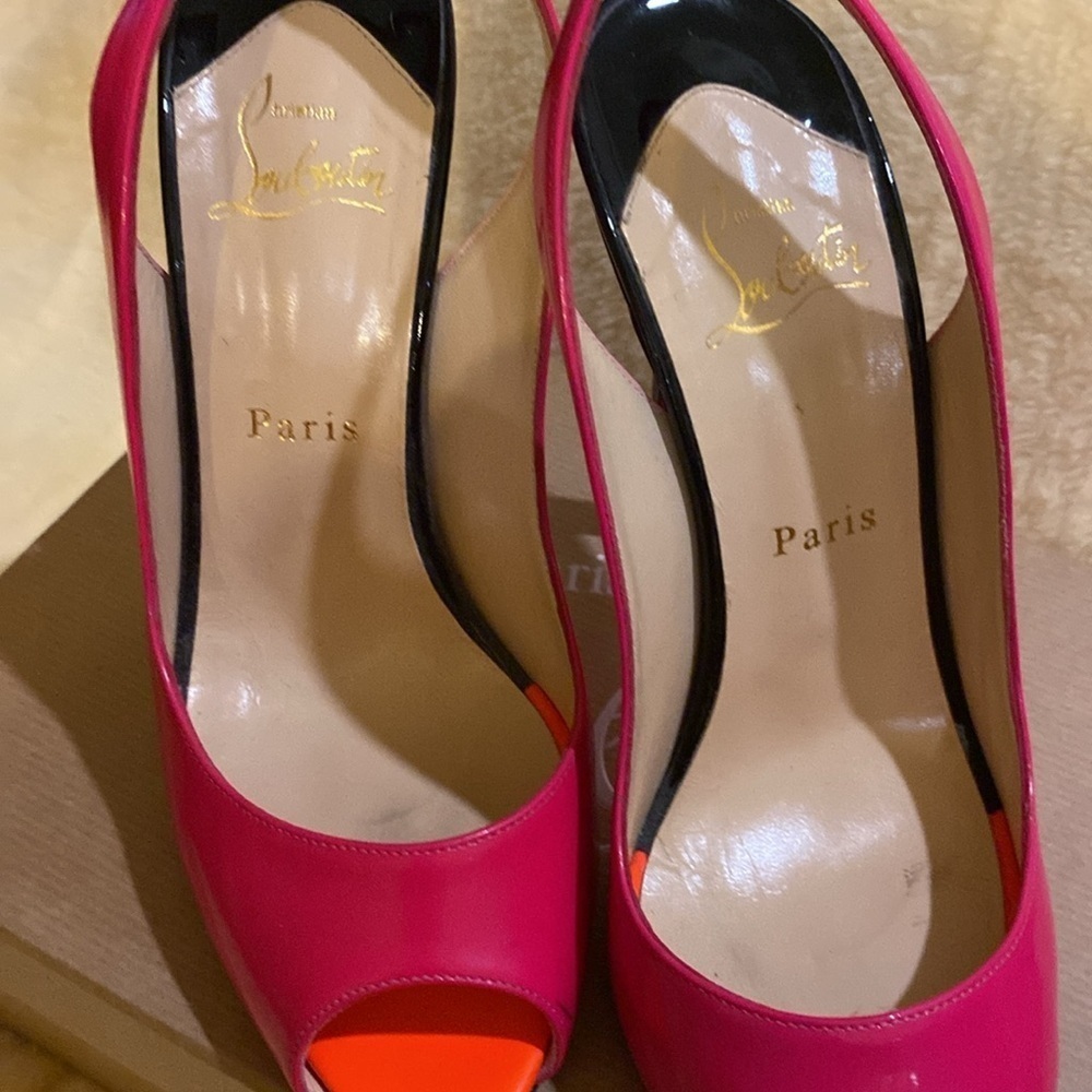 Christian Louboutin Flo Sling 120 Patent Rose Matador/Flame Pink Heels size 38 - Picture 2 of 7